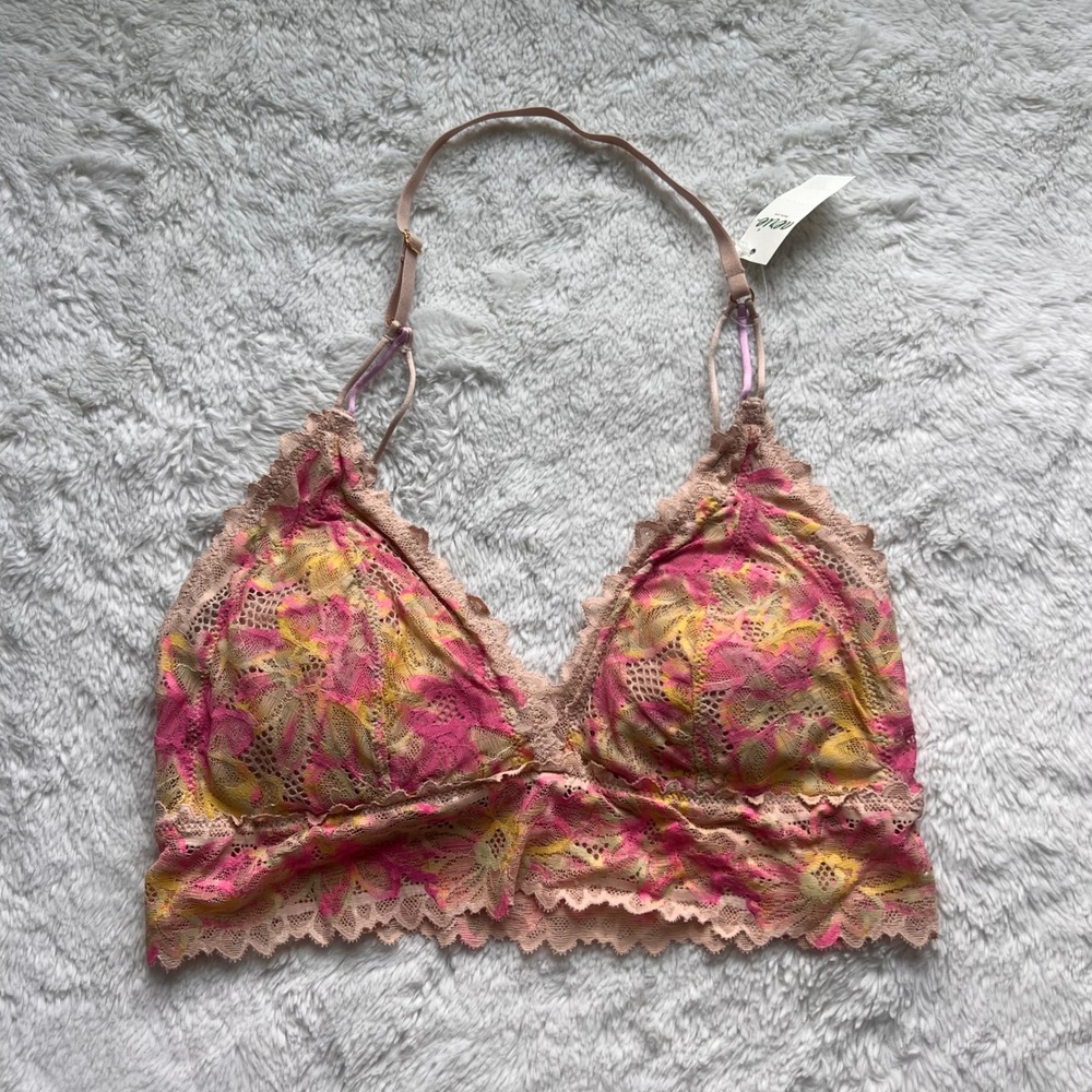 Aerie Real Good Floral Lace Bralette Pink Yellow Tan Adjustable Straps Small NEW